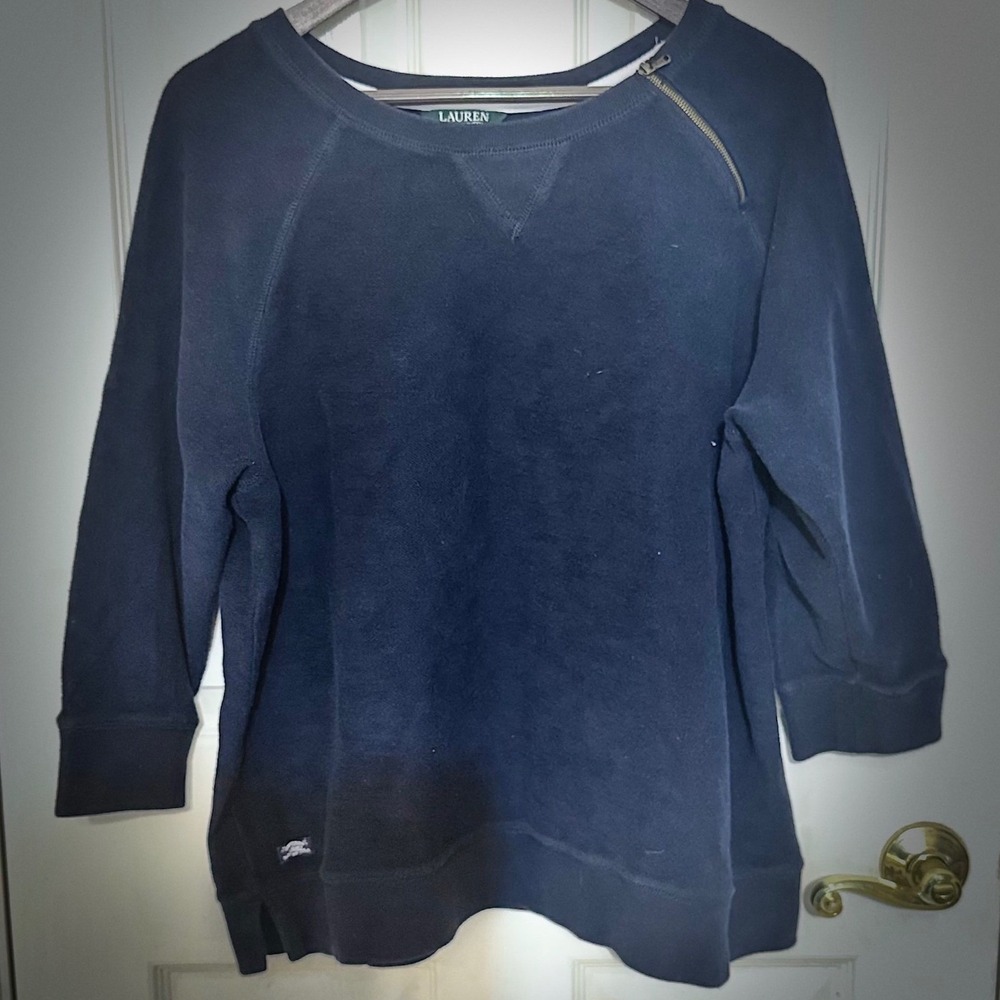 Lauren Ralph Lauren Womens 2X Navy Blue Shoulder Zip French Terry‎ Sweatshirt